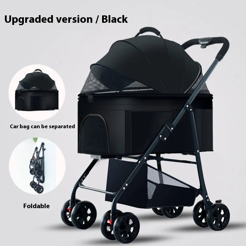 Automatic Folding Pet Stroller – Carbon Steel Frame, Detachable Basket & Dual Shock Absorption for Dogs and Cats
