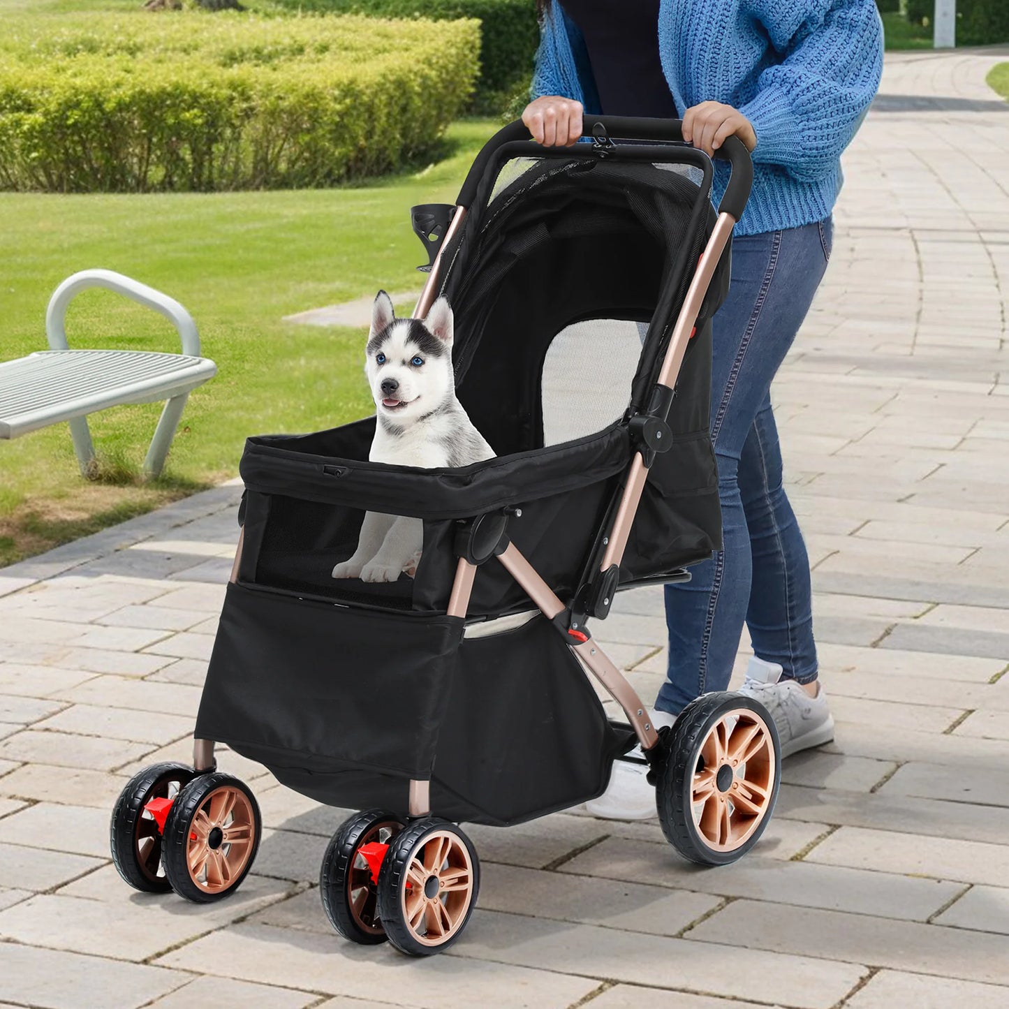YITAHOME Foldable Dog Stroller for Small & Medium Dogs – Reversible Handle, Mesh Windows, Cup Holder, 360° EVA Wheels & Brakes