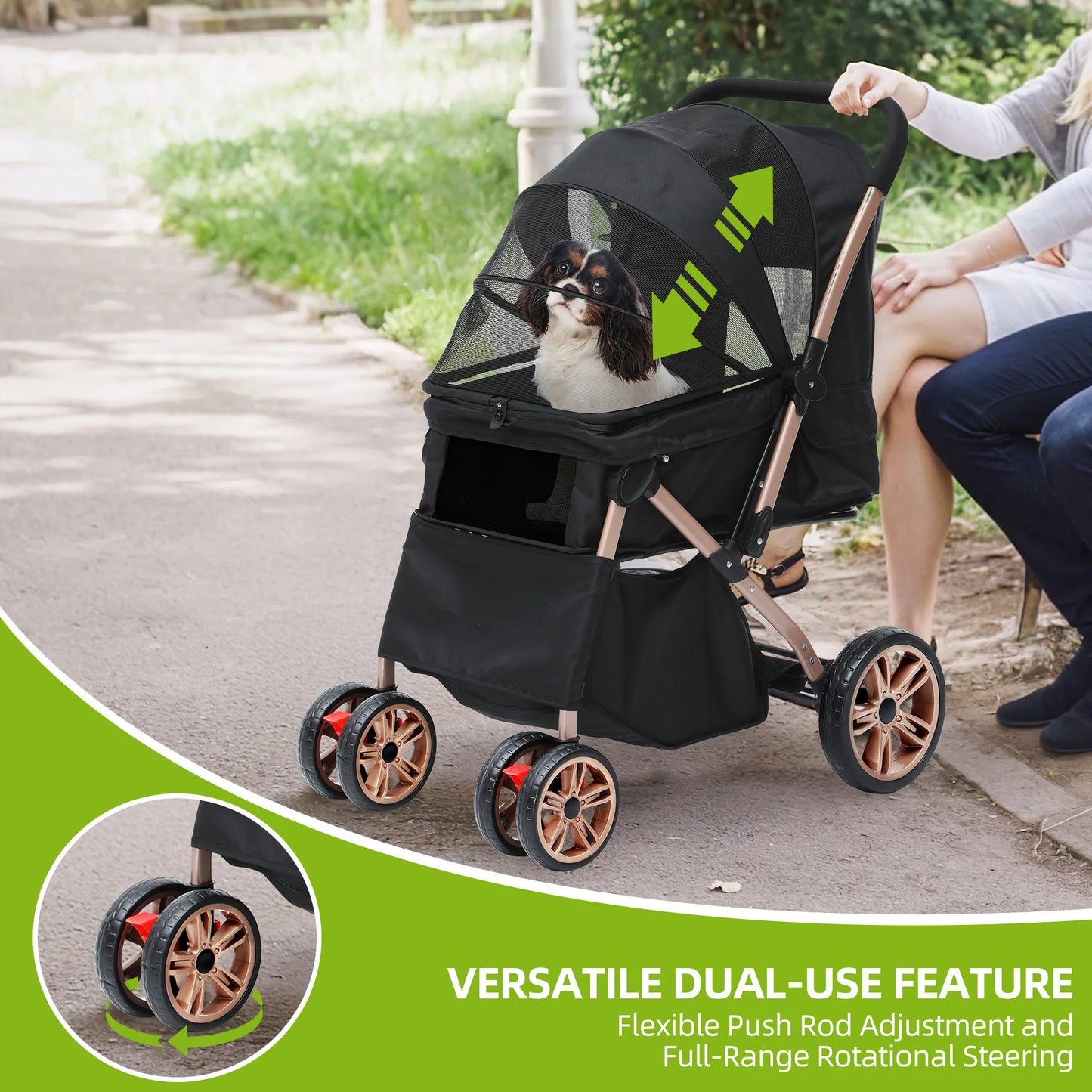 YITAHOME Foldable Dog Stroller for Small & Medium Dogs – Reversible Handle, Mesh Windows, Cup Holder, 360° EVA Wheels & Brakes
