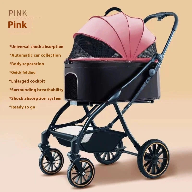 Automatic Folding Pet Stroller – Carbon Steel Frame, Detachable Basket & Dual Shock Absorption for Dogs and Cats