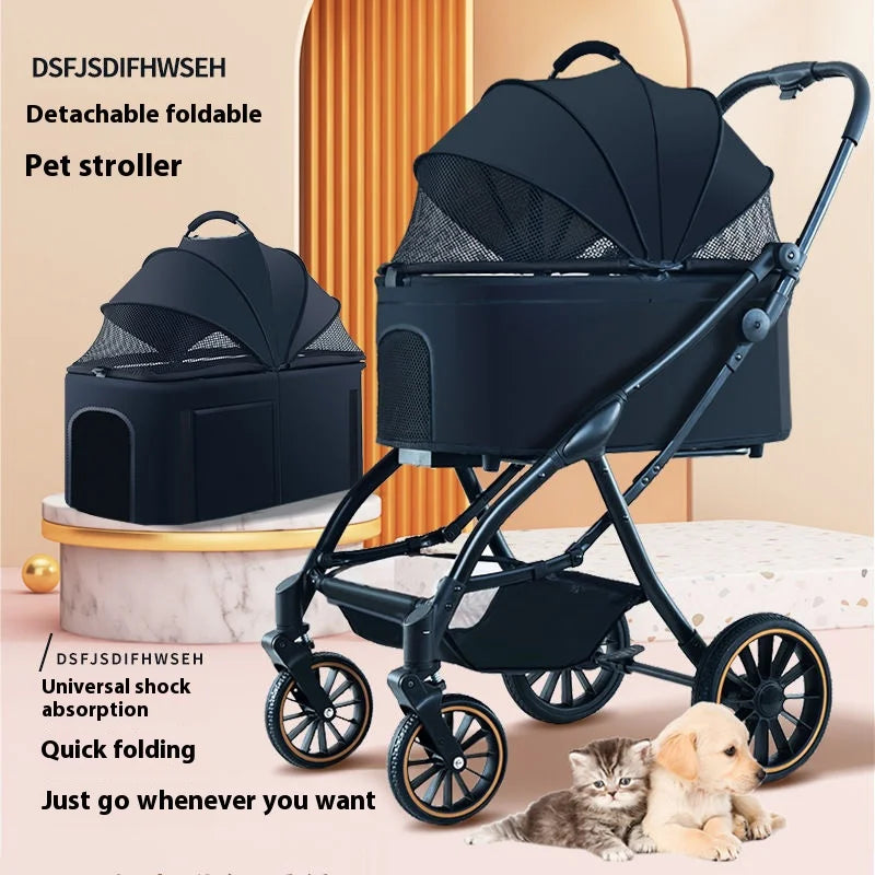Automatic Folding Pet Stroller – Carbon Steel Frame, Detachable Basket & Dual Shock Absorption for Dogs and Cats