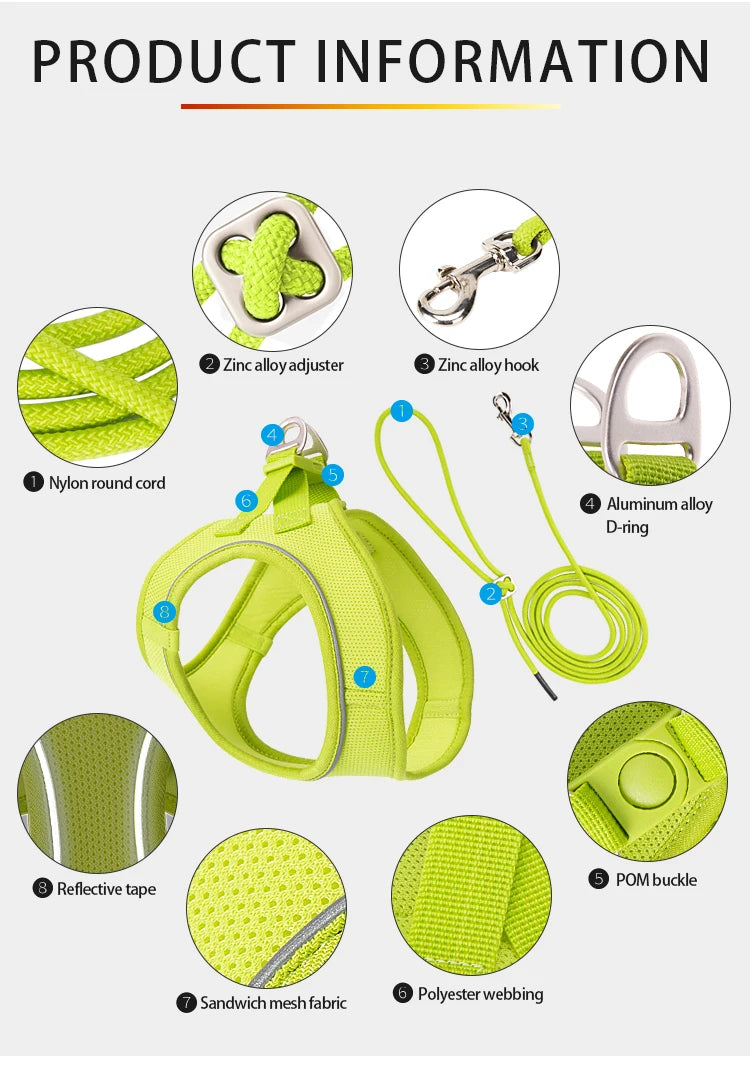 Adjustable Dog Harness & Leash Set – Reflective Vest for Small & Medium Dogs, Puppies & Cats