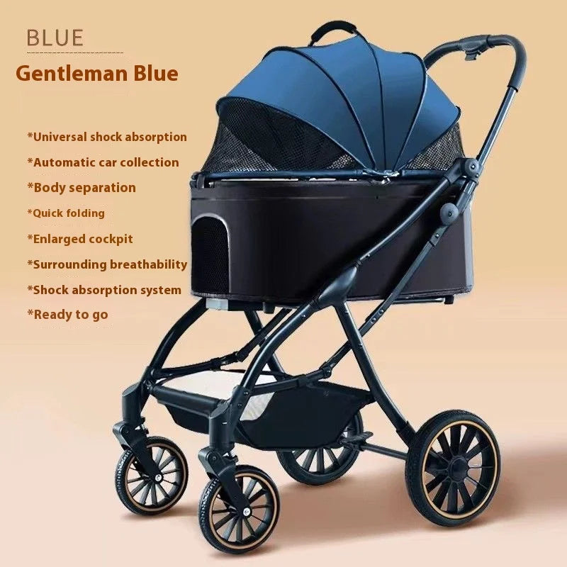 Automatic Folding Pet Stroller – Carbon Steel Frame, Detachable Basket & Dual Shock Absorption for Dogs and Cats