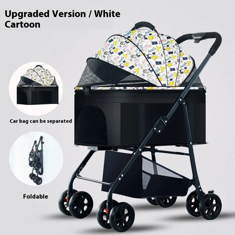 Automatic Folding Pet Stroller – Carbon Steel Frame, Detachable Basket & Dual Shock Absorption for Dogs and Cats