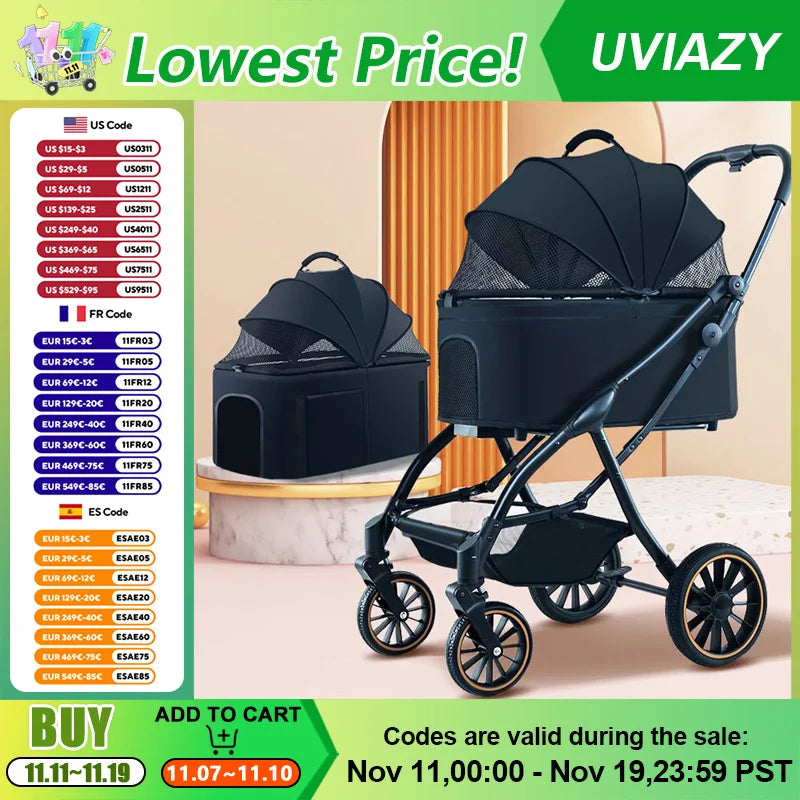 Automatic Folding Pet Stroller – Carbon Steel Frame, Detachable Basket & Dual Shock Absorption for Dogs and Cats