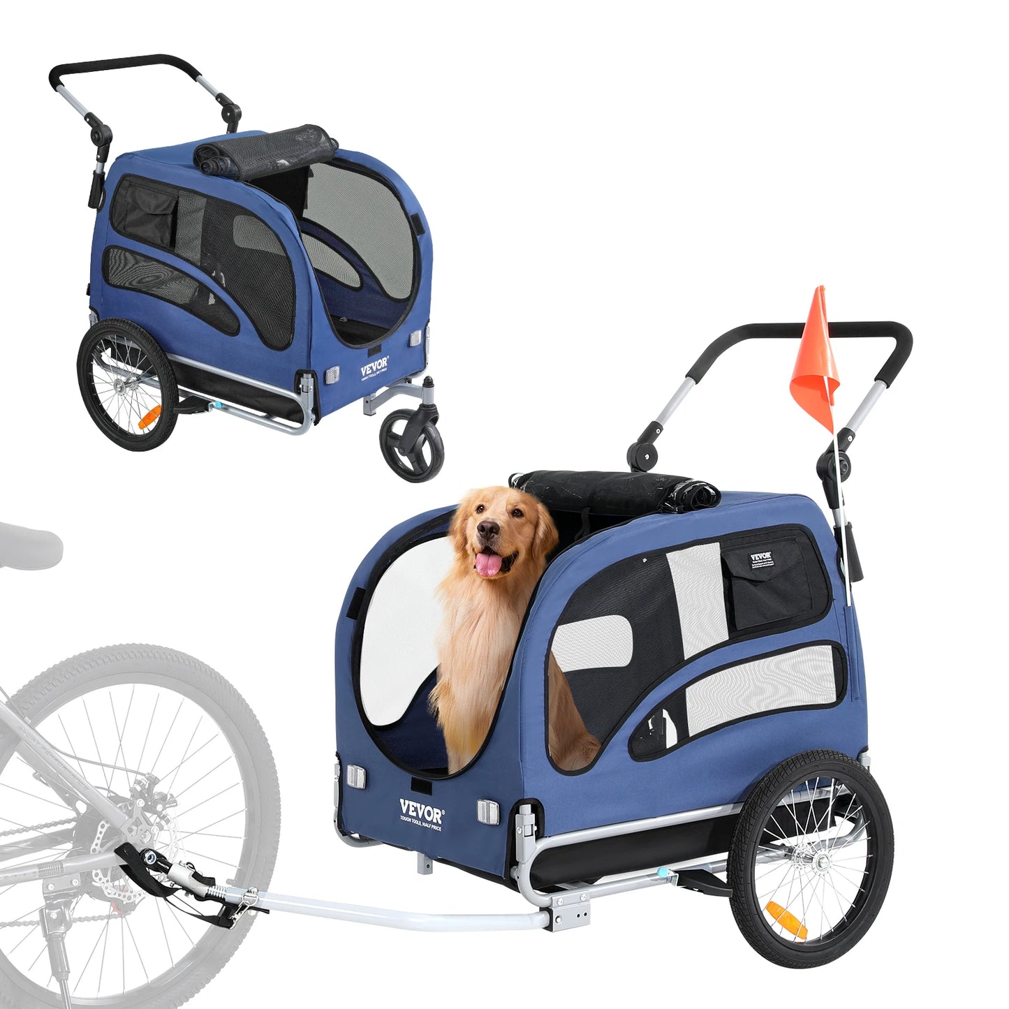 2-in-1 Dog Bike Trailer & Pet Stroller – Heavy-Duty 100 lbs Carrier with Wheels, Coupler, Reflectors & Safety Flag