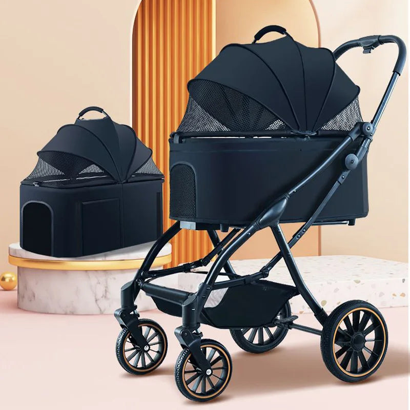 Automatic Folding Pet Stroller – Carbon Steel Frame, Detachable Basket & Dual Shock Absorption for Dogs and Cats