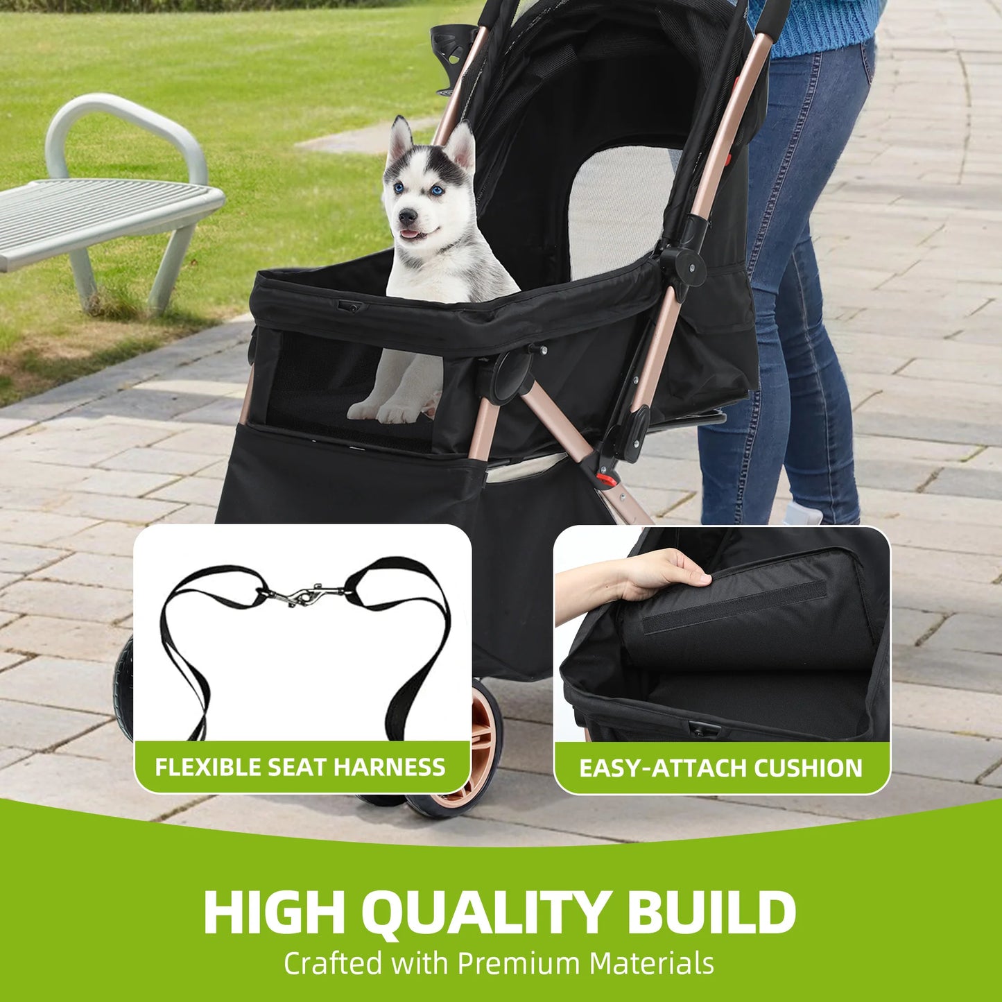 YITAHOME Foldable Dog Stroller for Small & Medium Dogs – Reversible Handle, Mesh Windows, Cup Holder, 360° EVA Wheels & Brakes