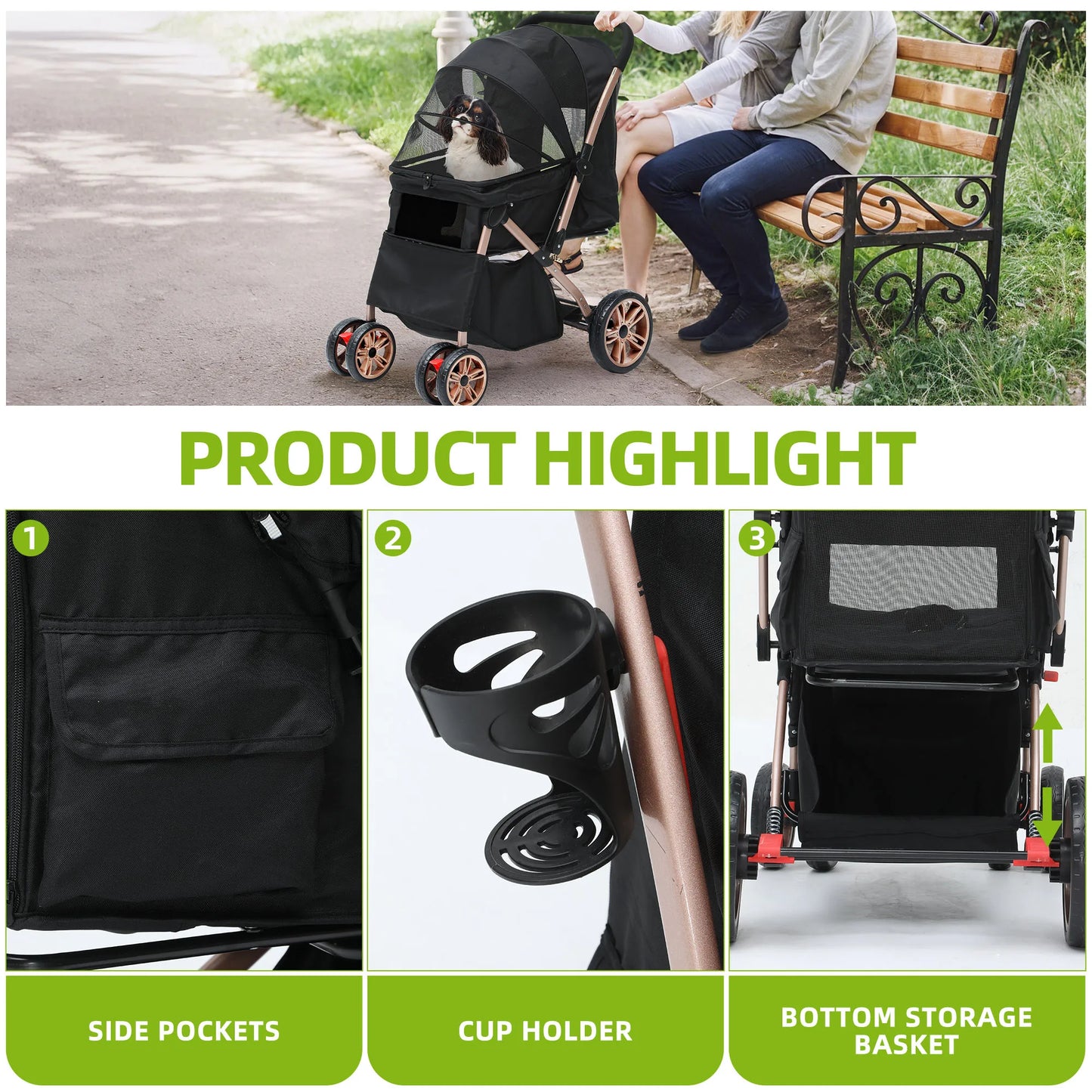 YITAHOME Foldable Dog Stroller for Small & Medium Dogs – Reversible Handle, Mesh Windows, Cup Holder, 360° EVA Wheels & Brakes