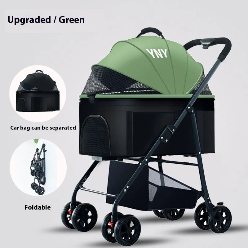 Automatic Folding Pet Stroller – Carbon Steel Frame, Detachable Basket & Dual Shock Absorption for Dogs and Cats