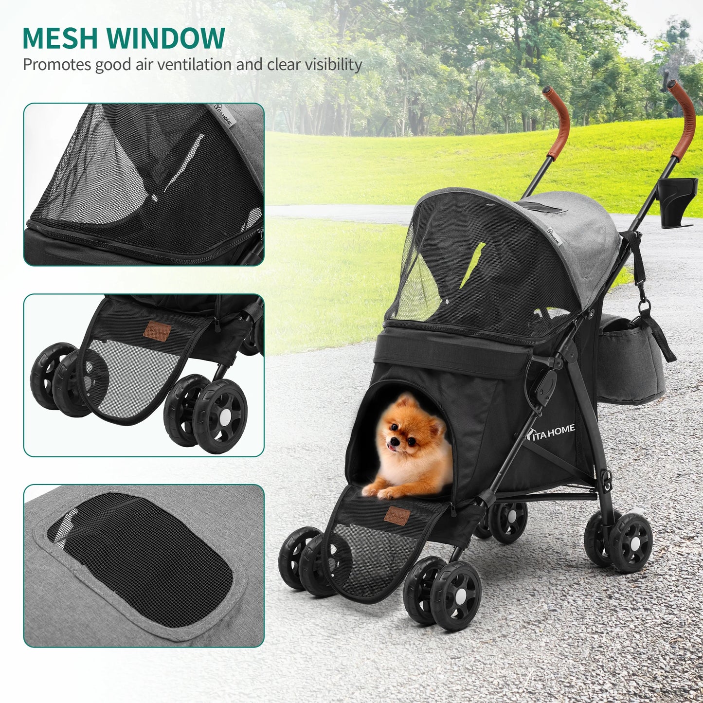 YITAHOME Foldable Dog Stroller for Small & Medium Dogs – Reversible Handle, Mesh Windows, Cup Holder, 360° EVA Wheels & Brakes