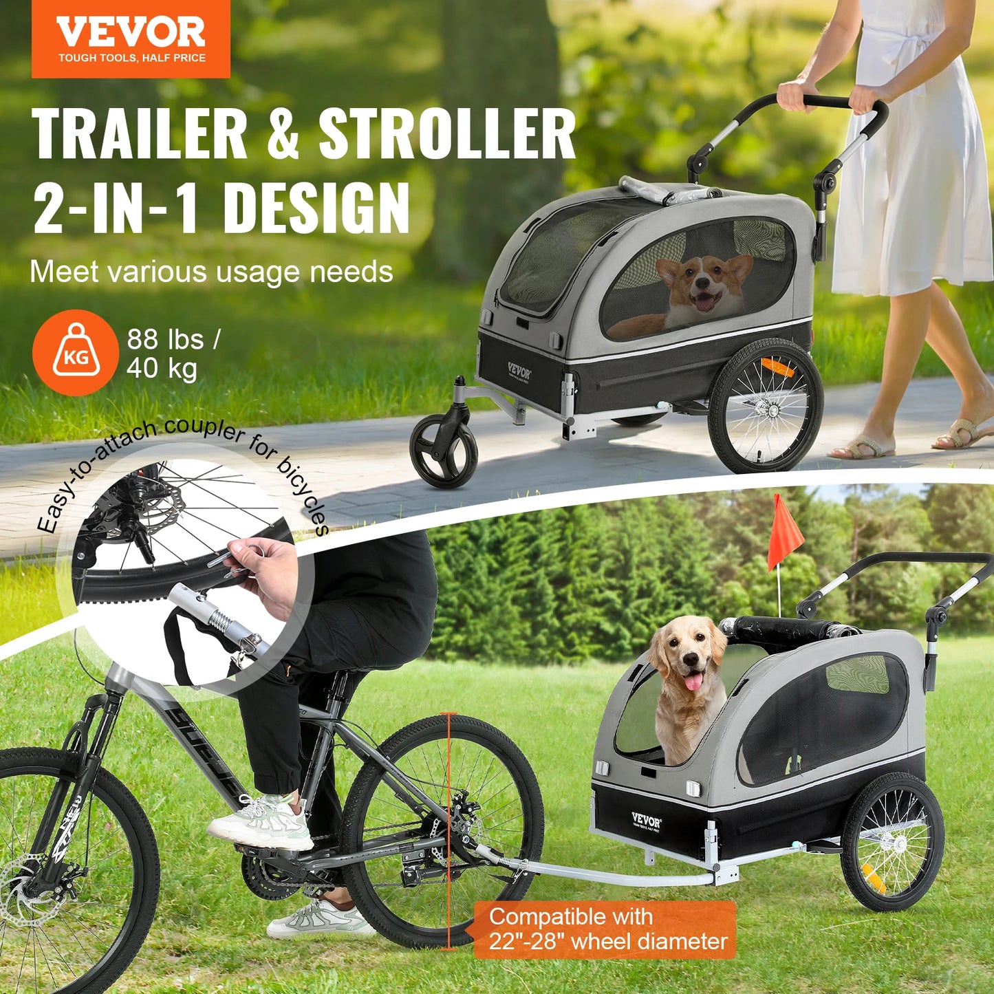 2-in-1 Pet Stroller & Dog Bike Trailer – Heavy-Duty 40kg Capacity, Foldable Wagon with Reflectors & Bicycle Coupler