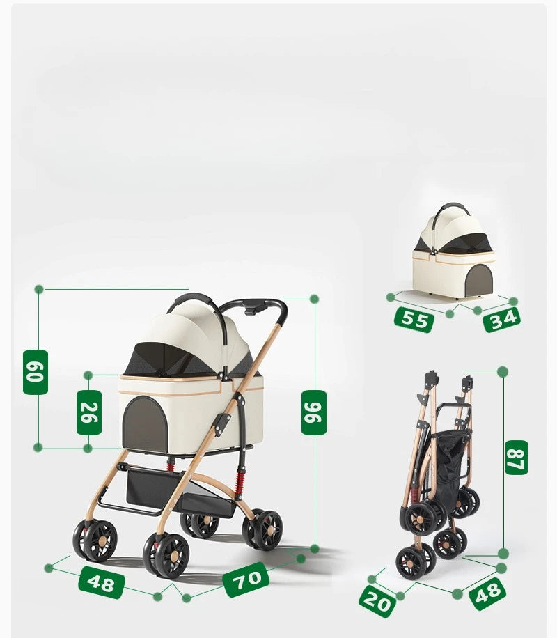 Detachable Pet Outdoor Stroller – Lightweight & Foldable Dog and Cat Cart with Removable Bed and Carry Bag