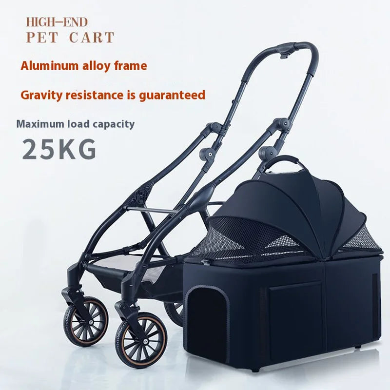Automatic Folding Pet Stroller – Carbon Steel Frame, Detachable Basket & Dual Shock Absorption for Dogs and Cats