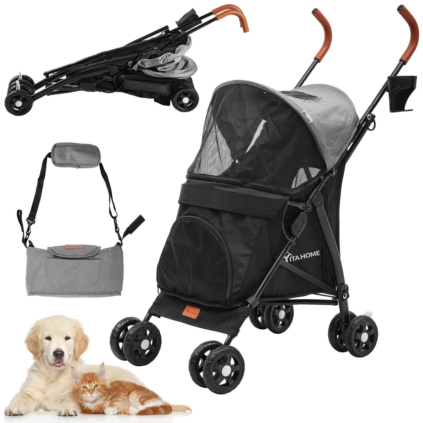 YITAHOME Foldable Dog Stroller for Small & Medium Dogs – Reversible Handle, Mesh Windows, Cup Holder, 360° EVA Wheels & Brakes