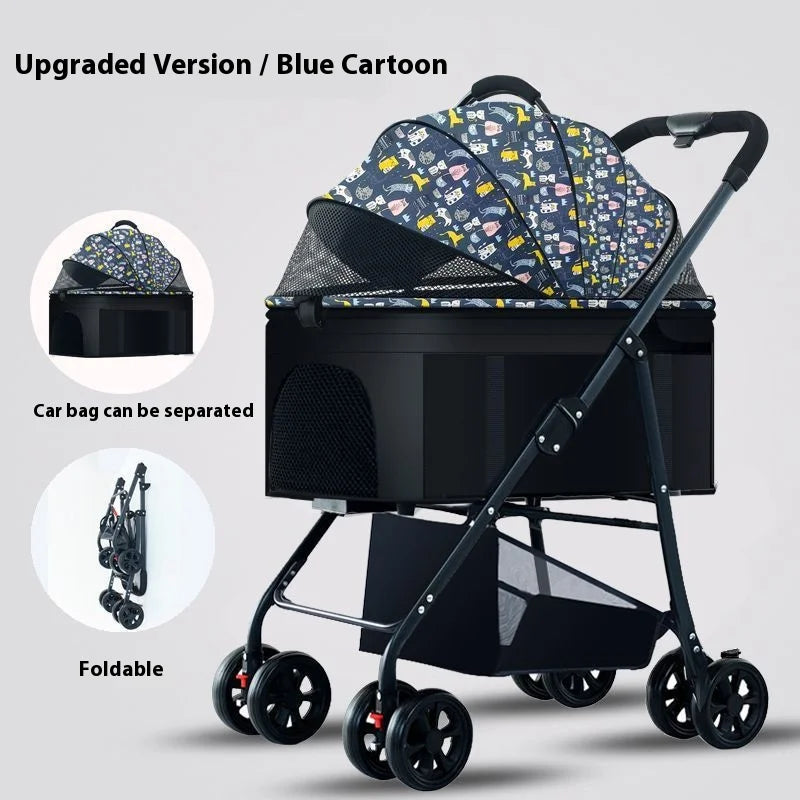 Automatic Folding Pet Stroller – Carbon Steel Frame, Detachable Basket & Dual Shock Absorption for Dogs and Cats