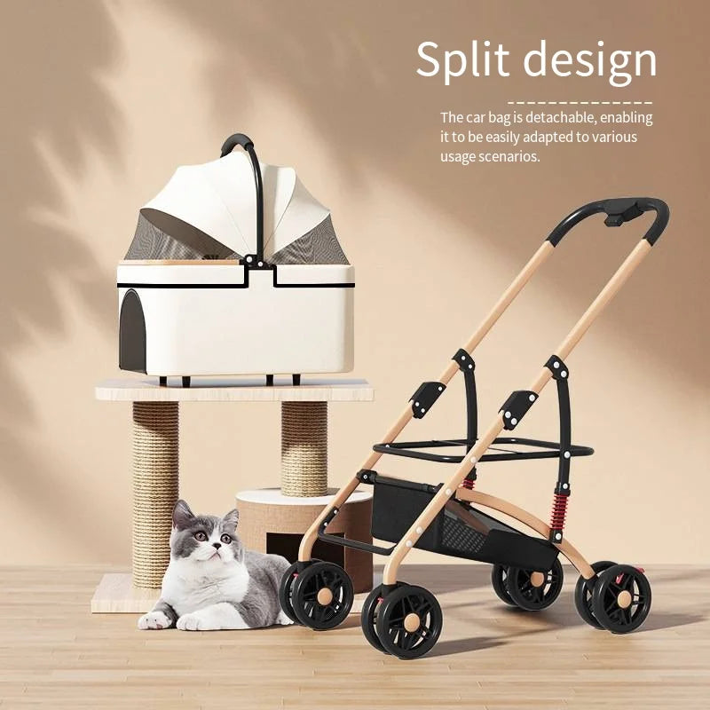 Detachable Pet Outdoor Stroller – Lightweight & Foldable Dog and Cat Cart with Removable Bed and Carry Bag