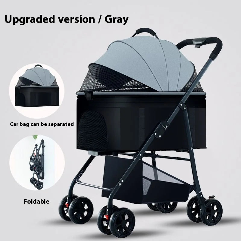 Automatic Folding Pet Stroller – Carbon Steel Frame, Detachable Basket & Dual Shock Absorption for Dogs and Cats