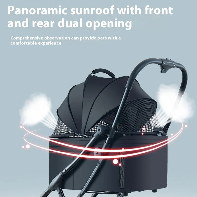 Automatic Folding Pet Stroller – Carbon Steel Frame, Detachable Basket & Dual Shock Absorption for Dogs and Cats