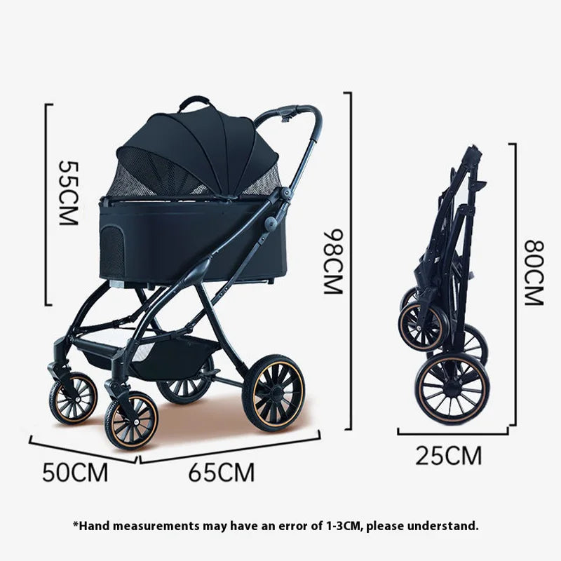 Automatic Folding Pet Stroller – Carbon Steel Frame, Detachable Basket & Dual Shock Absorption for Dogs and Cats