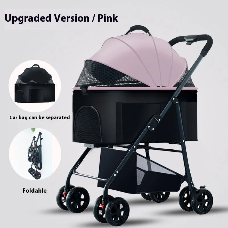 Automatic Folding Pet Stroller – Carbon Steel Frame, Detachable Basket & Dual Shock Absorption for Dogs and Cats