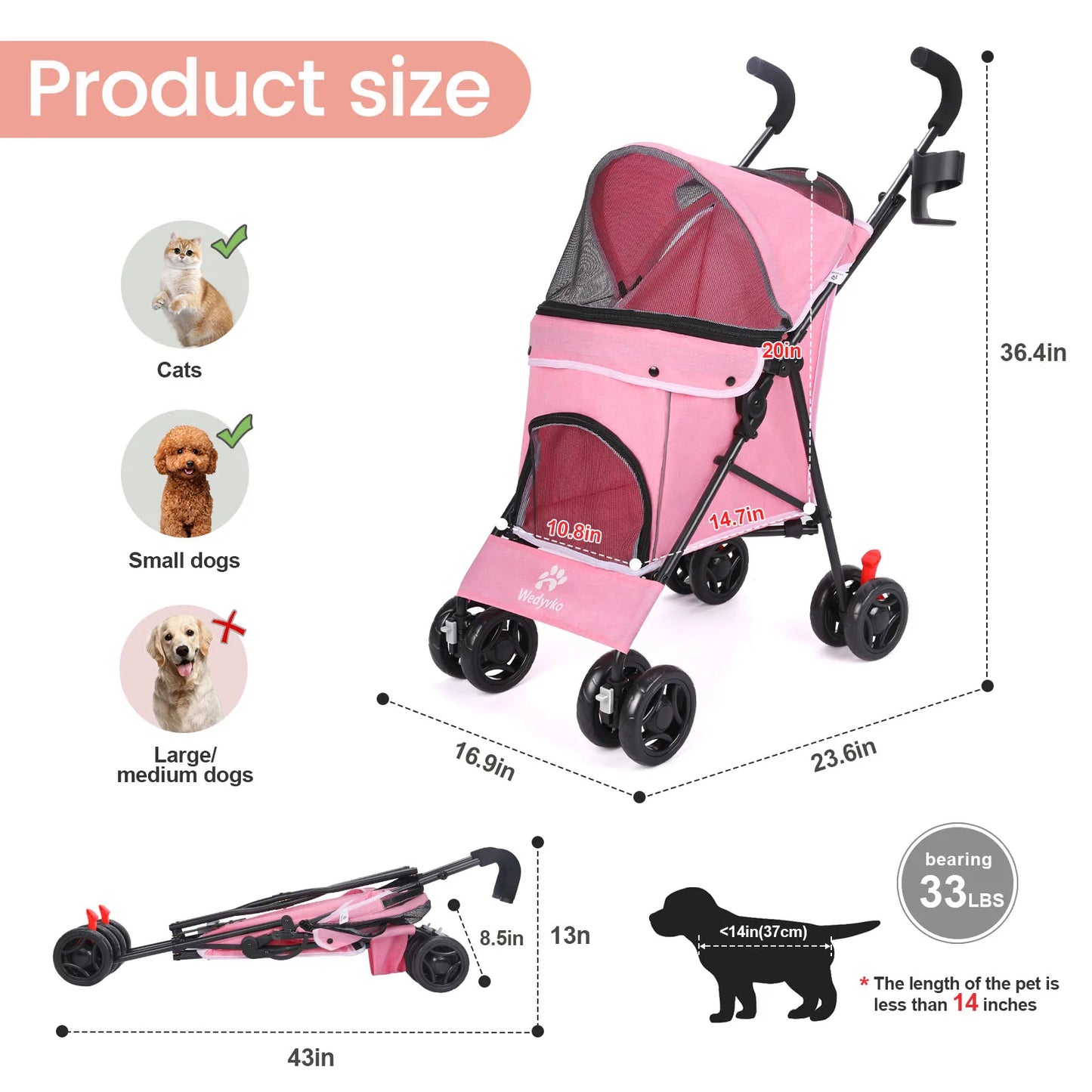 Lightweight Folding Pet Stroller – Breathable Outdoor Travel Pushchair for Small & Medium Dogs and Cats
