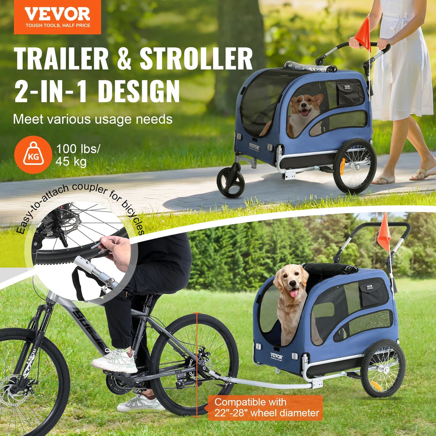 2-in-1 Dog Bike Trailer & Pet Stroller – Heavy-Duty 100 lbs Carrier with Wheels, Coupler, Reflectors & Safety Flag