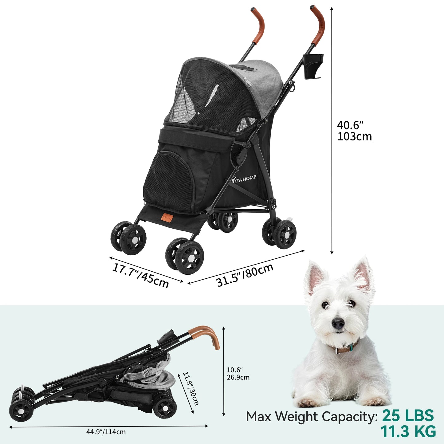 YITAHOME Foldable Dog Stroller for Small & Medium Dogs – Reversible Handle, Mesh Windows, Cup Holder, 360° EVA Wheels & Brakes