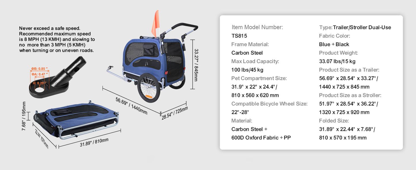 2-in-1 Dog Bike Trailer & Pet Stroller – Heavy-Duty 100 lbs Carrier with Wheels, Coupler, Reflectors & Safety Flag