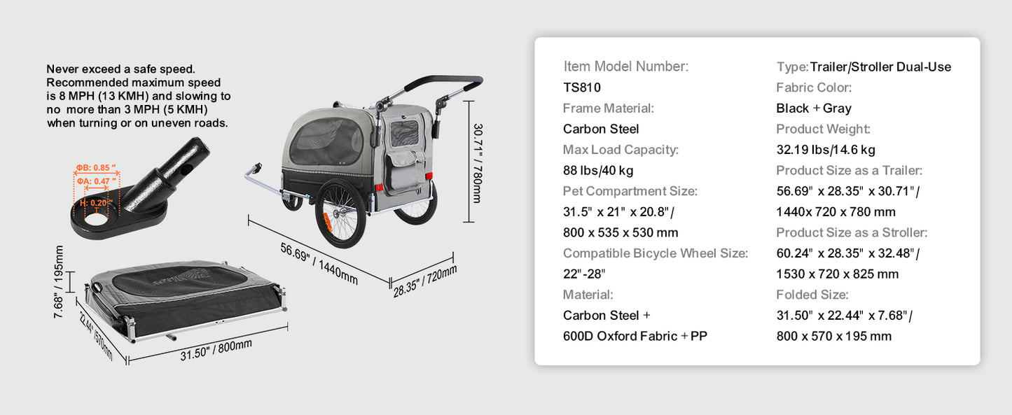 2-in-1 Pet Stroller & Dog Bike Trailer – Heavy-Duty 40kg Capacity, Foldable Wagon with Reflectors & Bicycle Coupler