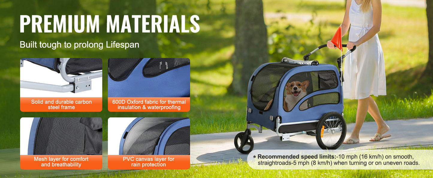 2-in-1 Dog Bike Trailer & Pet Stroller – Heavy-Duty 100 lbs Carrier with Wheels, Coupler, Reflectors & Safety Flag