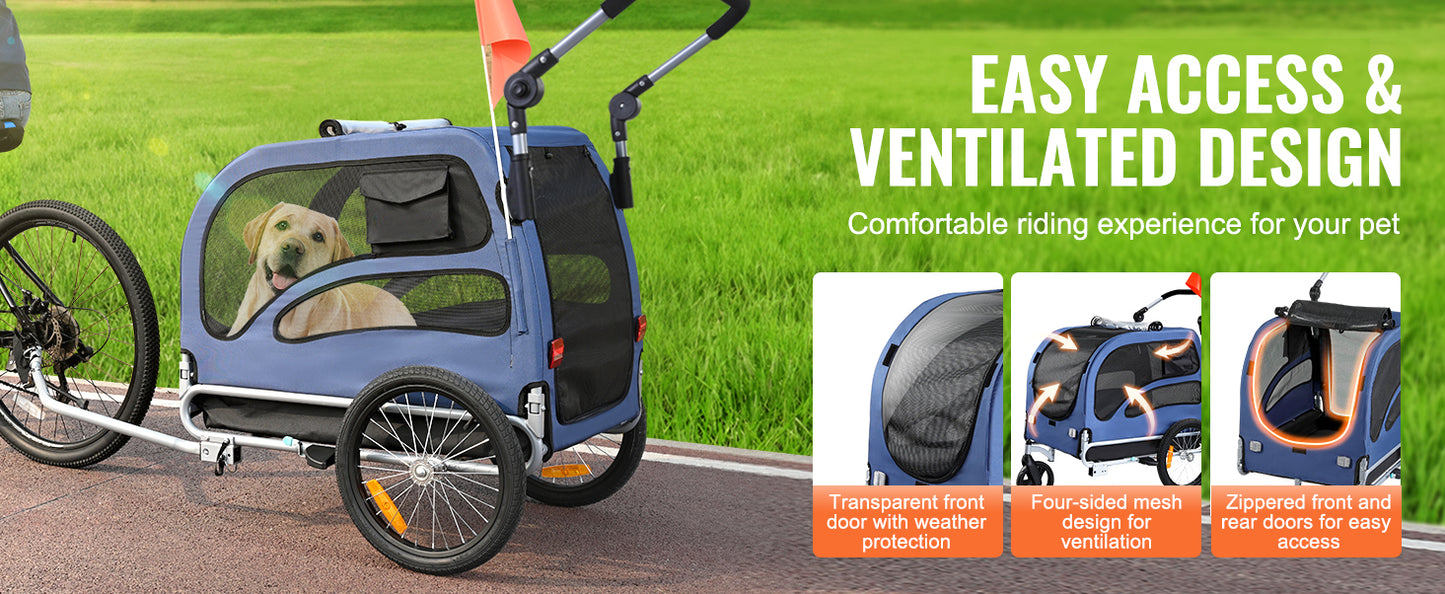 2-in-1 Dog Bike Trailer & Pet Stroller – Heavy-Duty 100 lbs Carrier with Wheels, Coupler, Reflectors & Safety Flag
