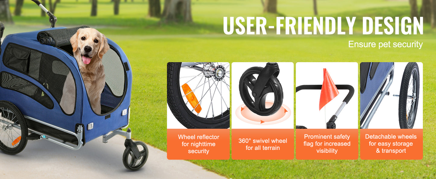 2-in-1 Dog Bike Trailer & Pet Stroller – Heavy-Duty 100 lbs Carrier with Wheels, Coupler, Reflectors & Safety Flag